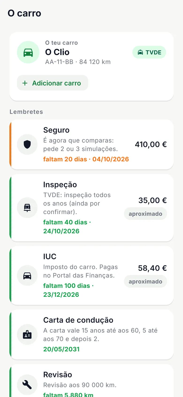 Ecrã O carro: seguro faltam 20 dias, inspeção faltam 40 dias, IUC 58,40 €, carta de condução e revisão